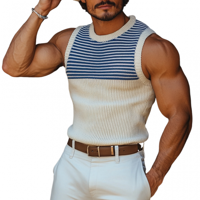 Men's Slim Fit Tank Top | Casual Round Neck | Navy Striped Knit | Breathable Comfort | Versatile Summer Essential | Stylish | High Quality Fabric | Easy Care | Multiple Sizes | Beach | Outing | Relaxed Fit