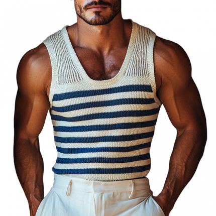 Men's U Neck Navy Striped Slim Fit Tank Top | Soft Knitted Fabric | Breathable & Stylish | Versatile Casual Wear | Summer Essential | Ideal for Beach & Outings | Machine Washable | Multiple Sizes Available