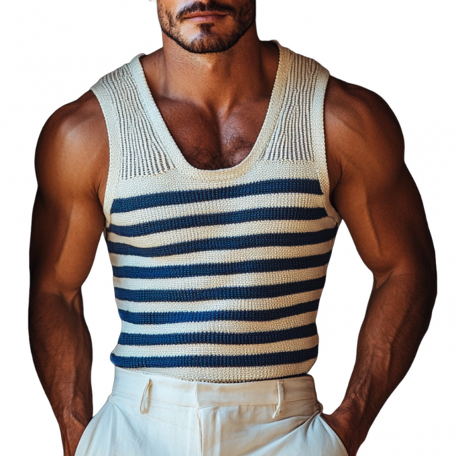 Men's U Neck Navy Striped Slim Fit Tank Top | Soft Knitted Fabric | Breathable & Stylish | Versatile Casual Wear | Summer Essential | Ideal for Beach & Outings | Machine Washable | Multiple Sizes Available