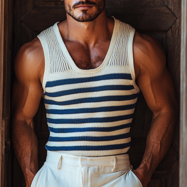 Men's U Neck Navy Striped Slim Fit Tank Top | Soft Knitted Fabric | Breathable & Stylish | Versatile Casual Wear | Summer Essential | Ideal for Beach & Outings | Machine Washable | Multiple Sizes Available