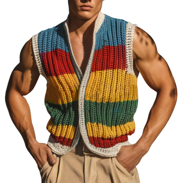 Men's Fashion Knitted Vest | Deep V-Neck | Colorful Stripes | Single-Breasted | Casual Comfortable Layering | Soft Breathable Fabric | Versatile Outfit | Summer Wardrobe Essential | Multiple Sizes Available
