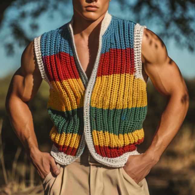 Men's Fashion Knitted Vest | Deep V-Neck | Colorful Stripes | Single-Breasted | Casual Comfortable Layering | Soft Breathable Fabric | Versatile Outfit | Summer Wardrobe Essential | Multiple Sizes Available