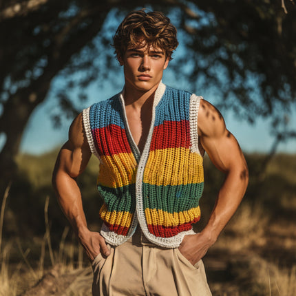 Men's Fashion Knitted Vest | Deep V-Neck | Colorful Stripes | Single-Breasted | Casual Comfortable Layering | Soft Breathable Fabric | Versatile Outfit | Summer Wardrobe Essential | Multiple Sizes Available