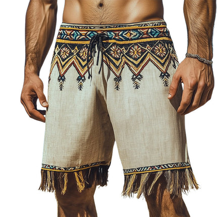 Men's Retro Ethnic Print Tassel Shorts | Lightweight Breathable Summer Casual Beachwear | Vibrant Festival Style | Relaxed Fit | S-3XL