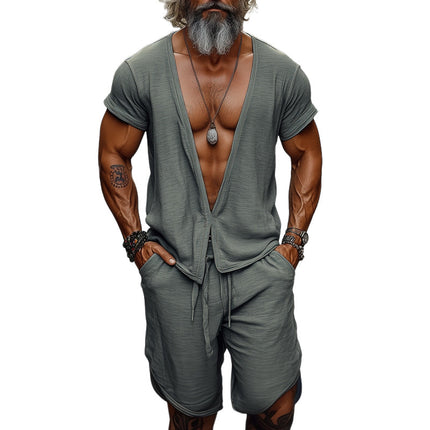 Men's Summer Deep V-Neck Short Sleeve Set | Casual Comfortable Shorts Set | Lightweight Breathable Outfit | Relaxed Fit | Beachwear | Stylish | S-3XL Sizes