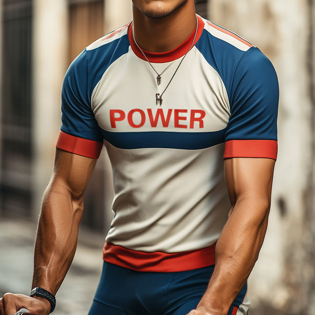 Men's Vintage Style Color Block T-Shirt | "POWER" Graphic Print | Short Sleeve | Round Neck | Breathable Cotton Blend | Casual Sportswear | Comfortable Relaxed Fit | Ideal for Active Lifestyle