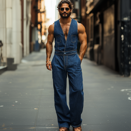 Men's Casual Jumpsuit | Tencel Denim Vest | Spring Summer Fashion | Relaxed Fit | Functional Pockets | Breathable Fabric | Comfortable All-Day Wear