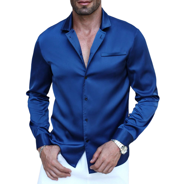 Men's Vintage Satin Shirt | Lapel Collar | Slim Fit | Long Sleeve | Solid Color | Sophisticated Style | Versatile for Casual & Formal | High-Quality Satin Fabric | Comfortable All-Day Wear | Timeless Design