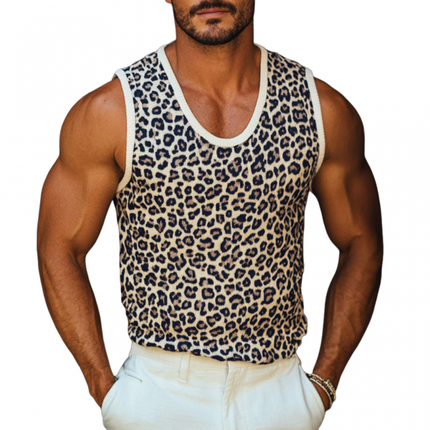 Men's Leopard Jacquard Knit Tank Top | U-Neck Slim Fit | Stylish Casual Wear | Premium Knit Fabric | Bold Animal Print | Comfortable All-Day Wear | Easy Maintenance | Fashion-Forward Men's Top