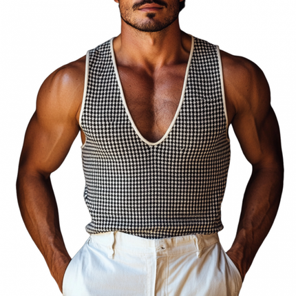 Men's Slim Fit Tank Top | Deep U Neck | Houndstooth Jacquard Knit | Fashionable Men's Wear | Comfortable & Breathable | Stylish Design for Casual & Semi-Formal Wear | Versatile & Easy Care