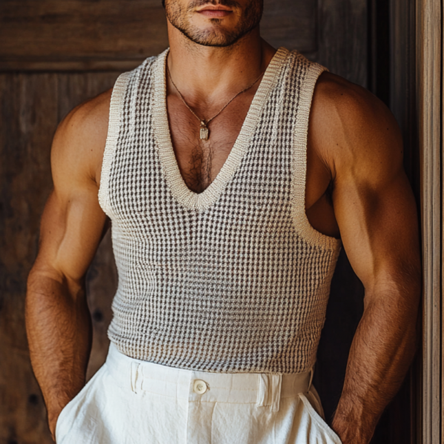 Men's Houndstooth Jacquard V-Neck Slim Fit Tank Top | Fashionable Knitted Top | Comfortable Casual Wear | Ideal for Layering | Stylish Modern Design | Soft Breathable Fabric | Elegant Pattern