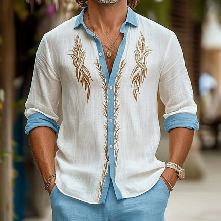 Men's Cotton Linen Shirt | Gold Embroidered Long Sleeve | Casual Summer Top | Relaxed Fit Breathable Fabric | Elegant Design | Versatile Wardrobe Essential | Sizes S-3XL