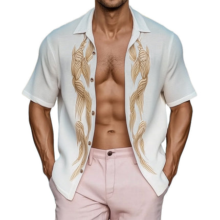 Men's Shirt | Summer Short Sleeve | Gold Embroidery | Loose Fit | Lightweight Fabric | Casual Comfort | Breathable Design | Sizes S-3XL