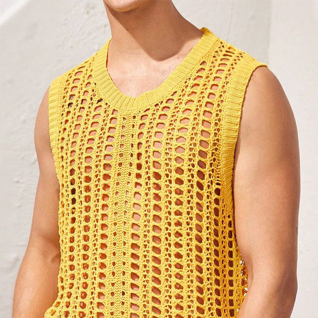 Men's Ripped Knit Crew Neck Tank Top | Stylish Edgy Design | Breathable Fabric | Relaxed Fit | Versatile Casual Wear | Ideal Layering Piece