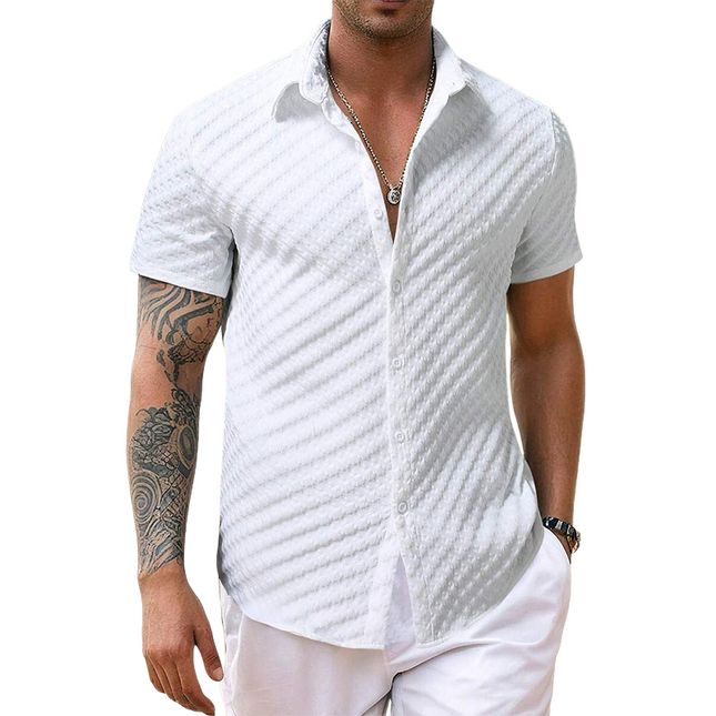 Men's Houndstooth Textured Short Sleeve Shirt | Solid Color | Lapel Design | Tailored Fit | Casual & Semi-Formal | High-Quality Fabric | Breathable | Elegant Style
