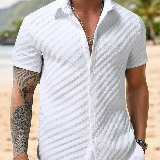 Men's Houndstooth Textured Short Sleeve Shirt | Solid Color | Lapel Design | Tailored Fit | Casual & Semi-Formal | High-Quality Fabric | Breathable | Elegant Style