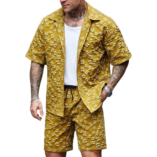 Men's Two-Piece Set | Floral Texture | Solid Color | Short-Sleeved Shirt | Coordinated Shorts | Comfortable | Breathable Fabric | Casual & Semi-Formal Wear | Versatile Pajama Set