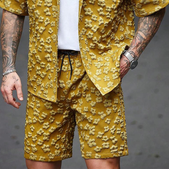 Men's Two-Piece Set | Floral Texture | Solid Color | Short-Sleeved Shirt | Coordinated Shorts | Comfortable | Breathable Fabric | Casual & Semi-Formal Wear | Versatile Pajama Set