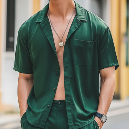 Men's Satin Lapel Shirt | Slim Fit | Single Breasted | Short Sleeve | Casual & Elegant | Summer Tops | Luxurious Satin Fabric | Refined Style | Versatile Wear | Ideal for Day & Night | Multiple Sizes Available