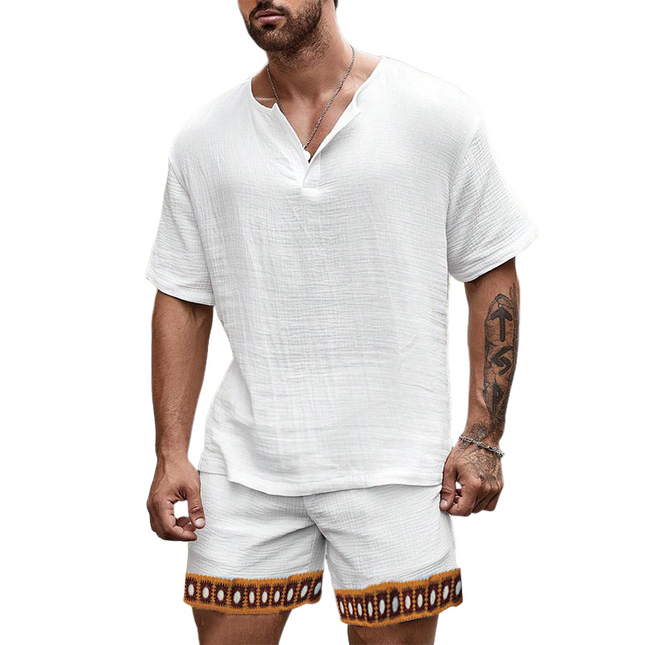 Men's Two-Piece Set | Cotton Short Sleeve Top & Shorts | Spliced Webbing Design | Casual Outfit for Summer | Breathable & Stylish Apparel | Perfect for Weekend Wear | Multi-Size Options
