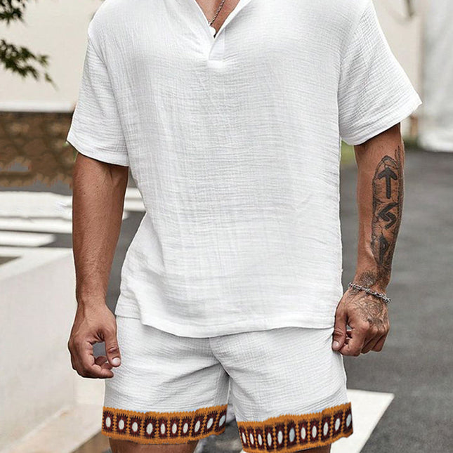 Men's Two-Piece Set | Cotton Short Sleeve Top & Shorts | Spliced Webbing Design | Casual Outfit for Summer | Breathable & Stylish Apparel | Perfect for Weekend Wear | Multi-Size Options