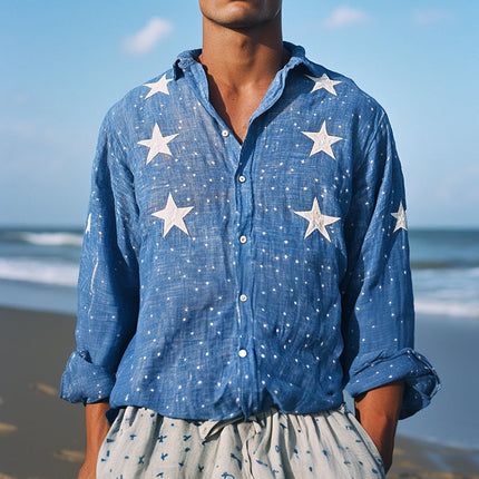 Men's Retro Linen Shirt | Star Embroidery | Lapel Collar | Long Sleeve | Casual Dress Top | Breathable Lightweight Fabric | Versatile Stylish Wear | Different Sizes Available | Ideal for Casual & Semi-Formal Events