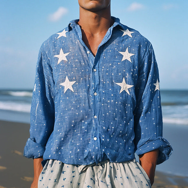 Men's Retro Linen Shirt | Star Embroidery | Lapel Collar | Long Sleeve | Casual Dress Top | Breathable Lightweight Fabric | Versatile Stylish Wear | Different Sizes Available | Ideal for Casual & Semi-Formal Events