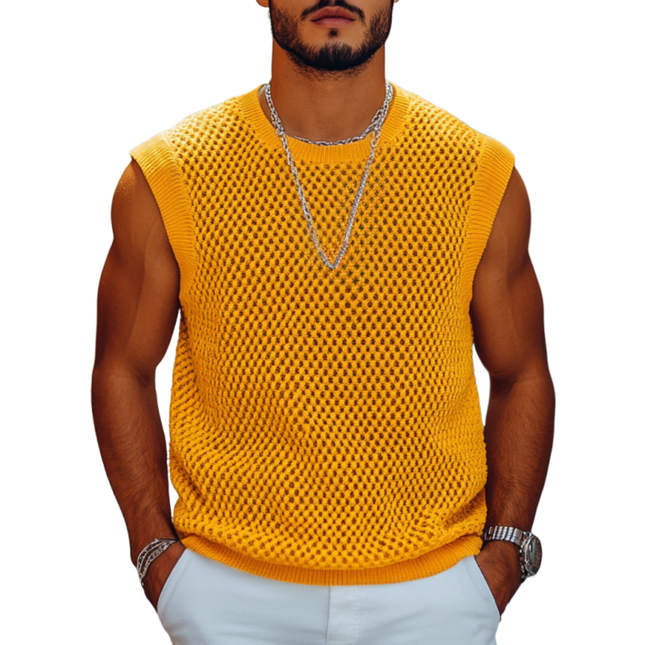 Men's Casual Knitted Tank Top | Solid Color | Round Neck | Loose Fit | Breathable Fabric | Versatile Summer Clothing | High-Quality Textured Design | Various Color Options | Lightweight & Comfortable