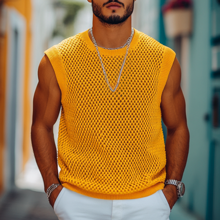 Men's Casual Knitted Tank Top | Solid Color | Round Neck | Loose Fit | Breathable Fabric | Versatile Summer Clothing | High-Quality Textured Design | Various Color Options | Lightweight & Comfortable