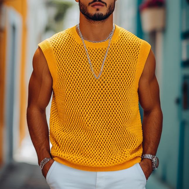Men's Casual Knitted Tank Top | Solid Color | Round Neck | Loose Fit | Breathable Fabric | Versatile Summer Clothing | High-Quality Textured Design | Various Color Options | Lightweight & Comfortable