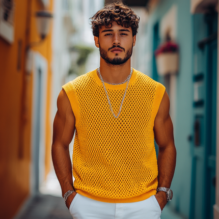 Men's Casual Knitted Tank Top | Solid Color | Round Neck | Loose Fit | Breathable Fabric | Versatile Summer Clothing | High-Quality Textured Design | Various Color Options | Lightweight & Comfortable