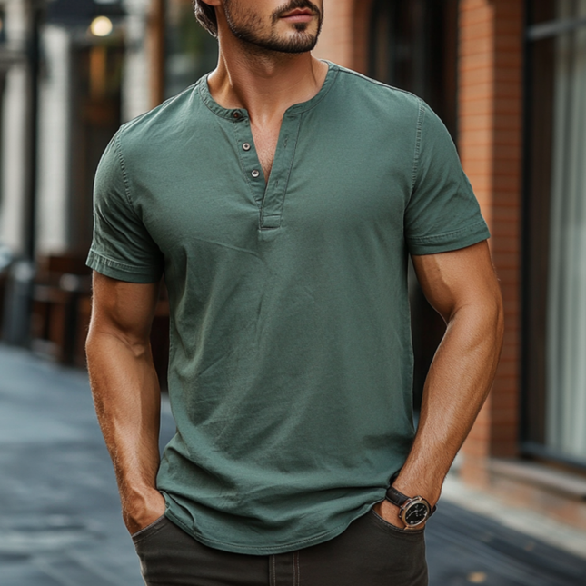 Men's Slim Fit Henley T-Shirt | Washed Cotton | Short Sleeve Casual Top | Stylish Button Placket | Vintage Look | Breathable Fabric | Versatile Outfit | Comfortable Everyday Wear