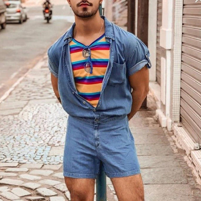 Men's Denim Jumpsuit | Casual Short Sleeve | Relaxed Fit Shorts | Durable High-Quality Material | Button-Up Front | Versatile for Beach or Urban Outings | Multiple Pockets | Modern Style | Breathable Comfort