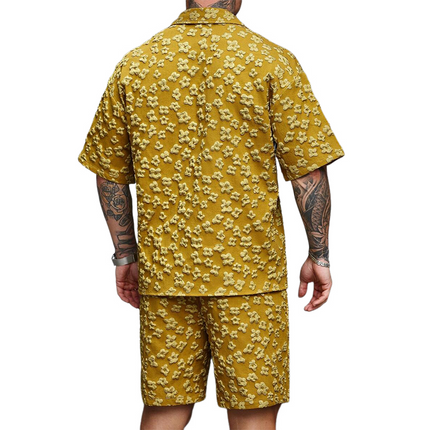 Men's Two-Piece Set | Floral Texture | Solid Color | Short-Sleeved Shirt | Coordinated Shorts | Comfortable | Breathable Fabric | Casual & Semi-Formal Wear | Versatile Pajama Set