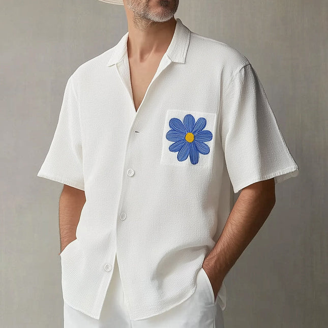 Men's Embroidered Dress Shirt | Summer Textured Fabric | Small Blue Flower Design | Modern Fit | Breathable Comfort | Versatile Style