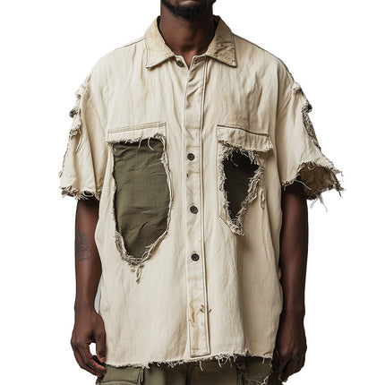 Men's Retro Denim Patchwork Shirt | Short Sleeve Casual Button-Down | Vintage Style | Comfortable Fit | Durable Wear | Spring Fashion
