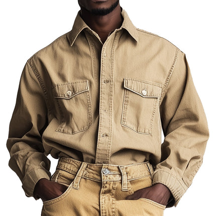 Men's Denim Shirt | Retro Solid Color | Long Sleeve | Spring Fashion | Vintage Style | Durable Quality | Versatile Casual Wear | Timeless Wardrobe Staple