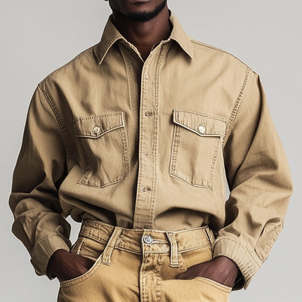 Men's Denim Shirt | Retro Solid Color | Long Sleeve | Spring Fashion | Vintage Style | Durable Quality | Versatile Casual Wear | Timeless Wardrobe Staple