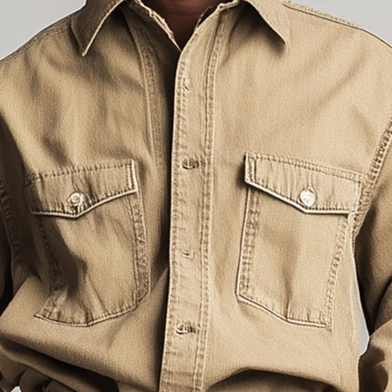 Men's Denim Shirt | Retro Solid Color | Long Sleeve | Spring Fashion | Vintage Style | Durable Quality | Versatile Casual Wear | Timeless Wardrobe Staple