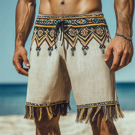 Men's Retro Ethnic Print Tassel Shorts | Lightweight Breathable Summer Casual Beachwear | Vibrant Festival Style | Relaxed Fit | S-3XL