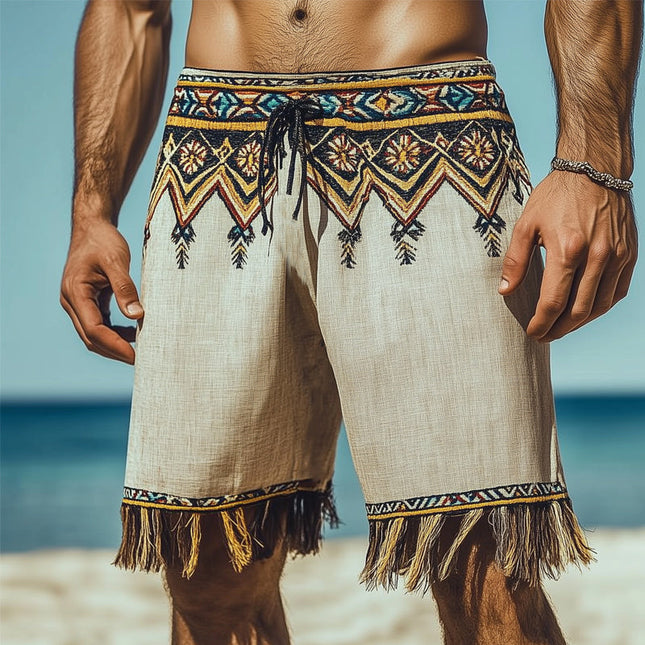 Men's Retro Ethnic Print Tassel Shorts | Lightweight Breathable Summer Casual Beachwear | Vibrant Festival Style | Relaxed Fit | S-3XL
