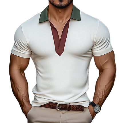 Men's V-Neck T-Shirt | Colorblock Design | Short Sleeve | Summer Breathable Cotton Blend | Casual Top | Stylish Everyday Comfort