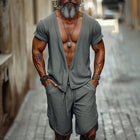 Men's Summer Deep V-Neck Short Sleeve Set | Casual Comfortable Shorts Set | Lightweight Breathable Outfit | Relaxed Fit | Beachwear | Stylish | S-3XL Sizes