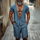Men's Summer Deep V-Neck Short Sleeve Set | Casual Comfortable Shorts Set | Lightweight Breathable Outfit | Relaxed Fit | Beachwear | Stylish | S-3XL Sizes