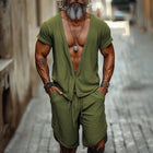 Men's Summer Deep V-Neck Short Sleeve Set | Casual Comfortable Shorts Set | Lightweight Breathable Outfit | Relaxed Fit | Beachwear | Stylish | S-3XL Sizes