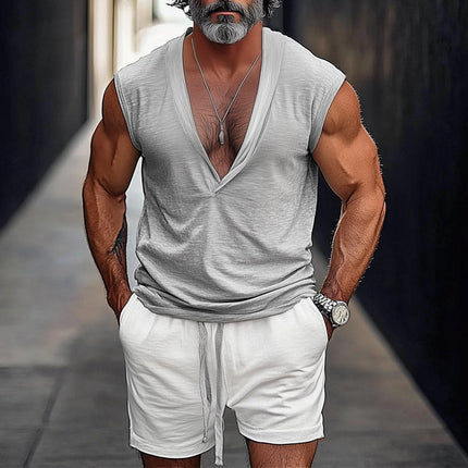 Men's Summer V-Neck Tank Top | Casual Shorts Set | Comfortable & Stylish | Soft Breathable Fabric | Sleeveless Design | Ideal for Beach & Outdoor Activities | Sizes S-3XL | Warm Weather Activewear