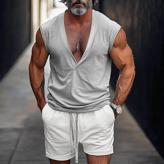 Men's Summer V-Neck Tank Top | Casual Shorts Set | Comfortable & Stylish | Soft Breathable Fabric | Sleeveless Design | Ideal for Beach & Outdoor Activities | Sizes S-3XL | Warm Weather Activewear