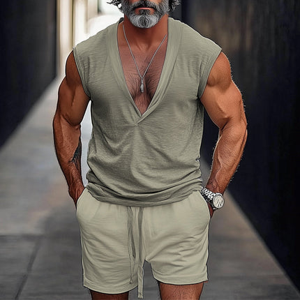 Men's Summer V-Neck Tank Top | Casual Shorts Set | Comfortable & Stylish | Soft Breathable Fabric | Sleeveless Design | Ideal for Beach & Outdoor Activities | Sizes S-3XL | Warm Weather Activewear