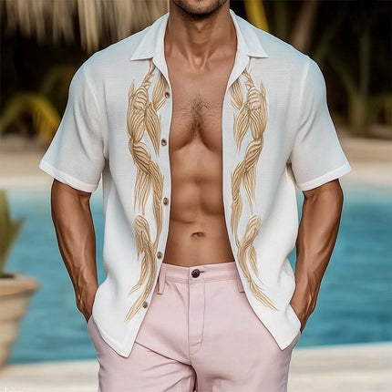 Men's Shirt | Summer Short Sleeve | Gold Embroidery | Loose Fit | Lightweight Fabric | Casual Comfort | Breathable Design | Sizes S-3XL