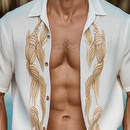 Men's Shirt | Summer Short Sleeve | Gold Embroidery | Loose Fit | Lightweight Fabric | Casual Comfort | Breathable Design | Sizes S-3XL